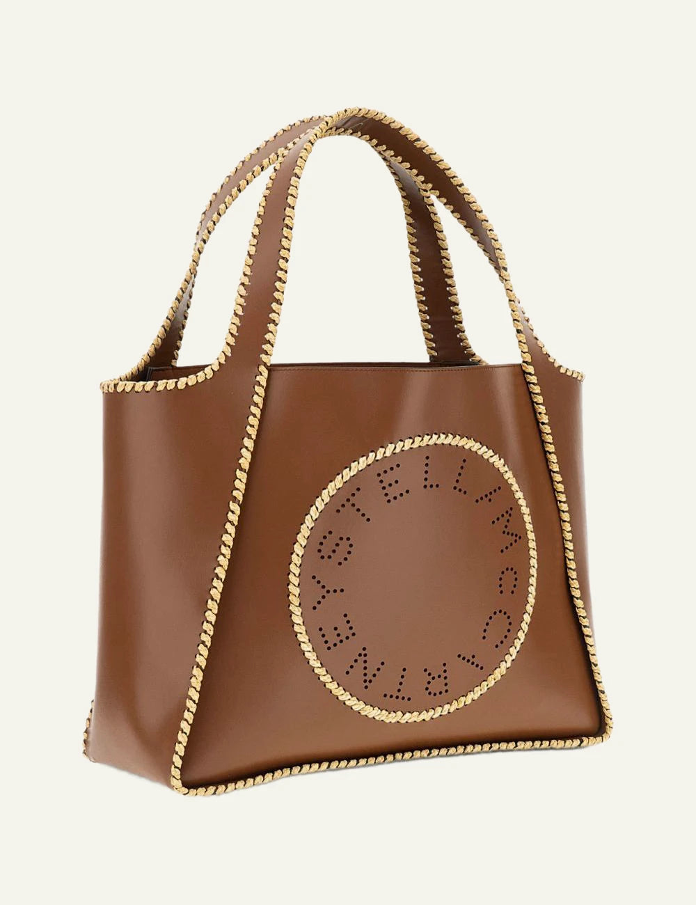 Stella McCartney logo tote bag tan me perforated logo raffia trim side view