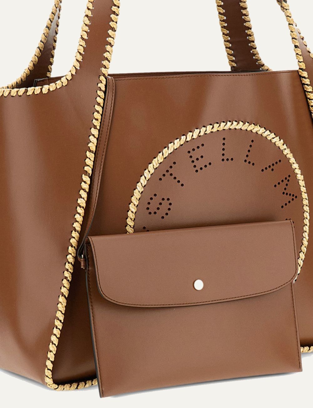 Stella McCartney logo tote bag tan me perforated logo raffia trim front detail view