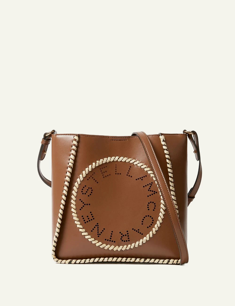 Stella McCartney crossbody bag tan me logo raffia detail front view