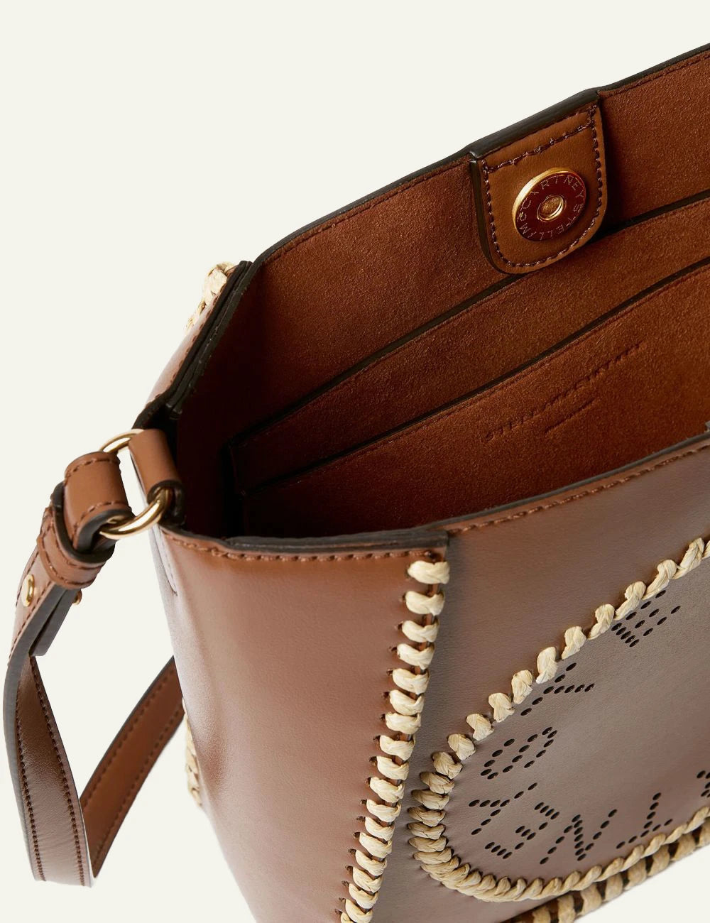 Stella McCartney crossbody bag tan me logo raffia detail top view