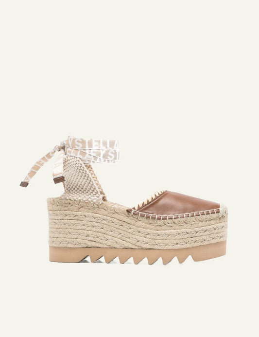 Stella McCartney Gaia wedge espadrilles tan me ankle tie logo straps side view