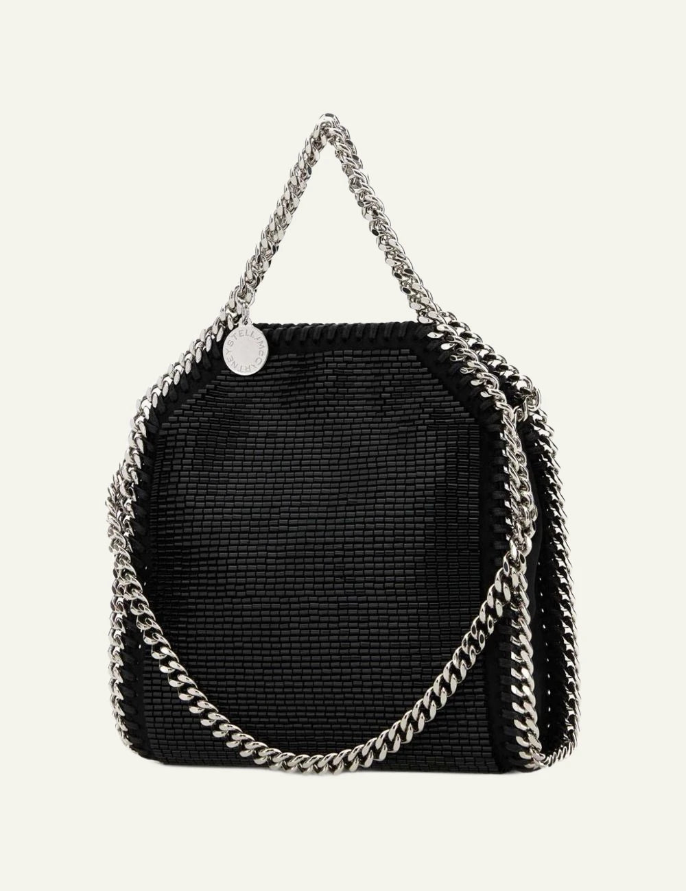 Stella McCartney black beaded tote bag with silver chain handles side