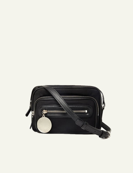 Stella McCartney black camera bag me silver logo medallion kai front zip detail front view