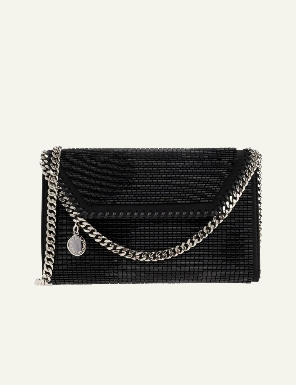 Stella McCartney black sequined clutch bag with silver chain strap