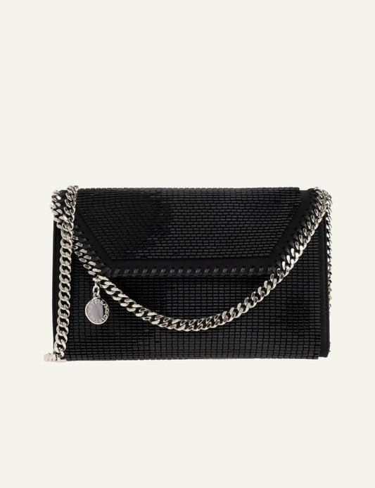 Stella McCartney black sequined clutch bag with silver chain strap