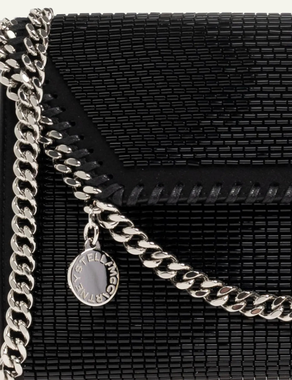 Stella McCartney black sequined clutch bag with silver chain strap detail