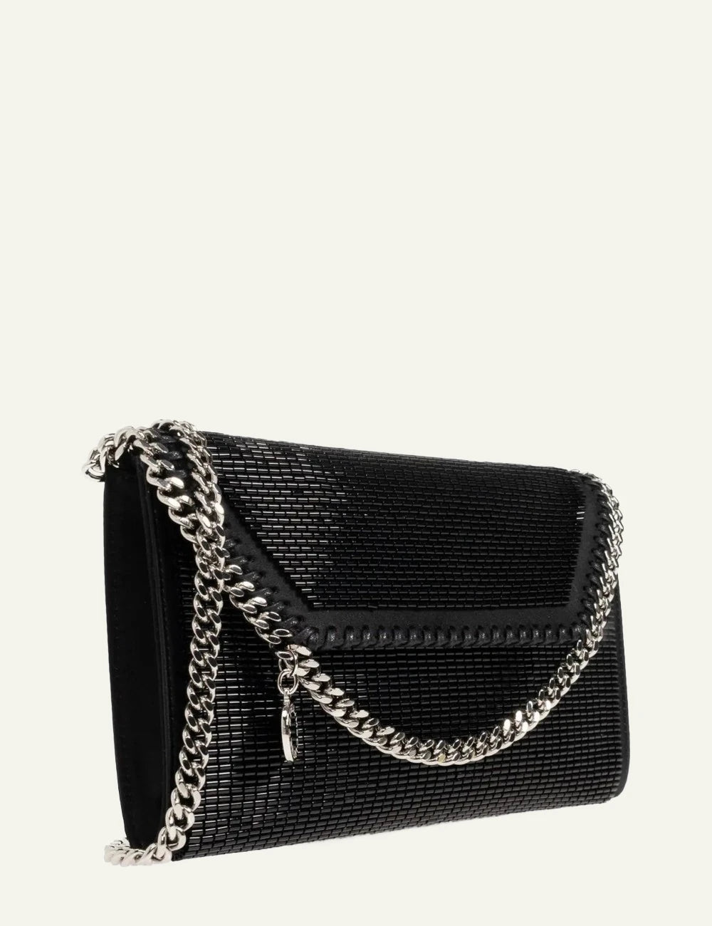 Stella McCartney black sequined clutch bag with silver chain strap side