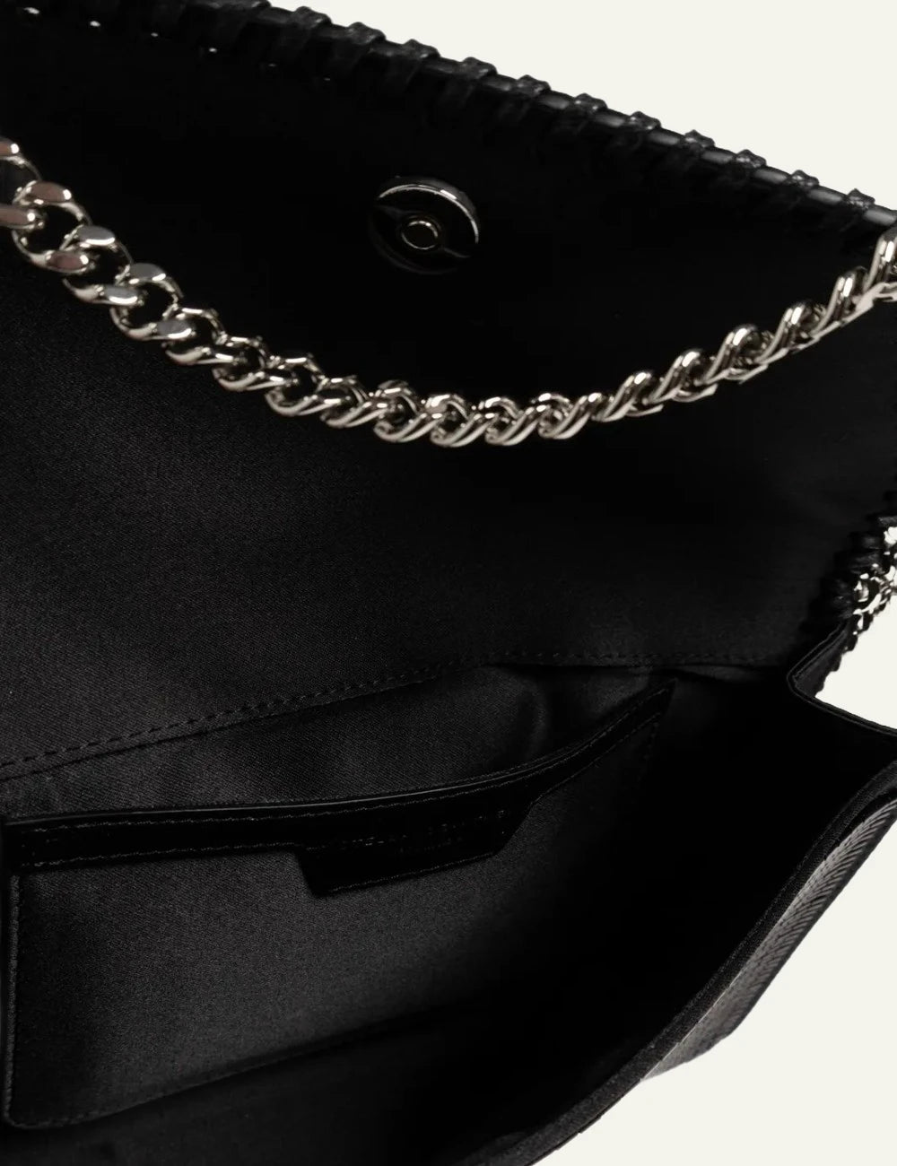 Stella McCartney black sequined clutch bag with silver chain strap top