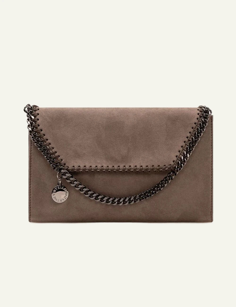 Stella McCartney brown clutch bag with chain strap and whipstitch detailing