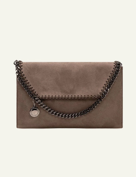 Stella McCartney brown clutch bag with chain strap and whipstitch detailing