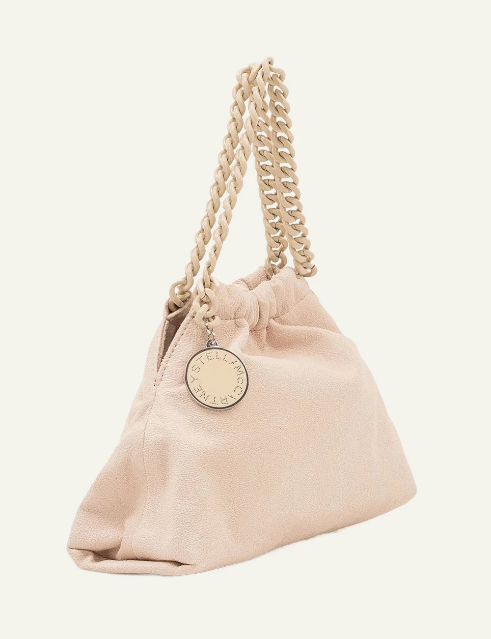 Stella McCartney cream mini shoulder bag with braided chain strap and drawstring top side