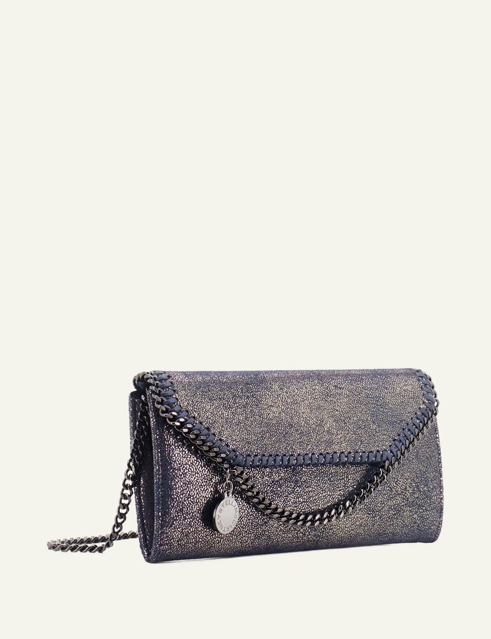 Stella McCartney dark navy shimmer chain wallet with detachable chain strap side
