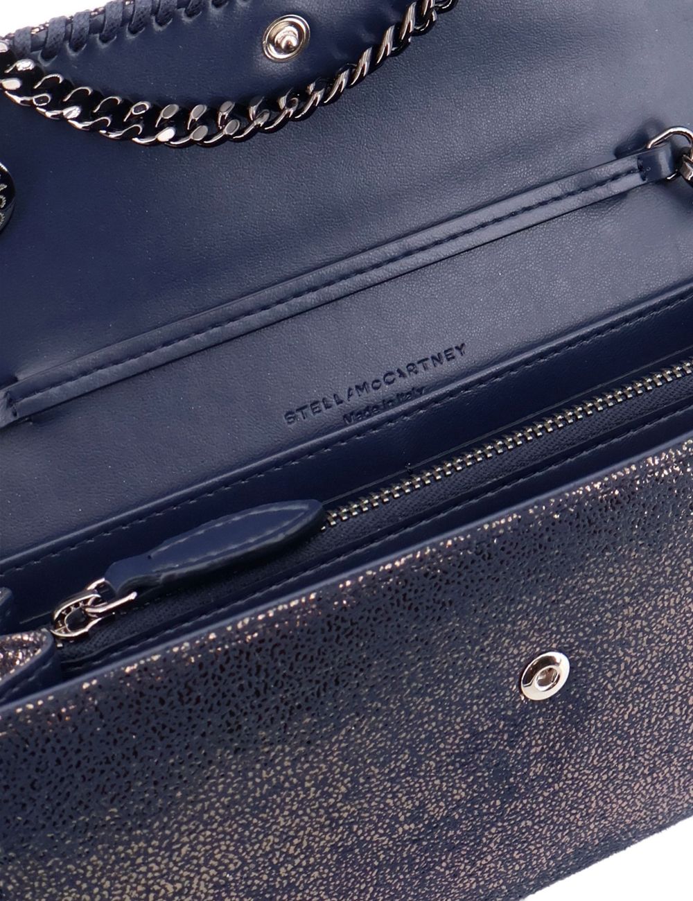 Stella McCartney dark navy shimmer chain wallet with detachable chain strap top