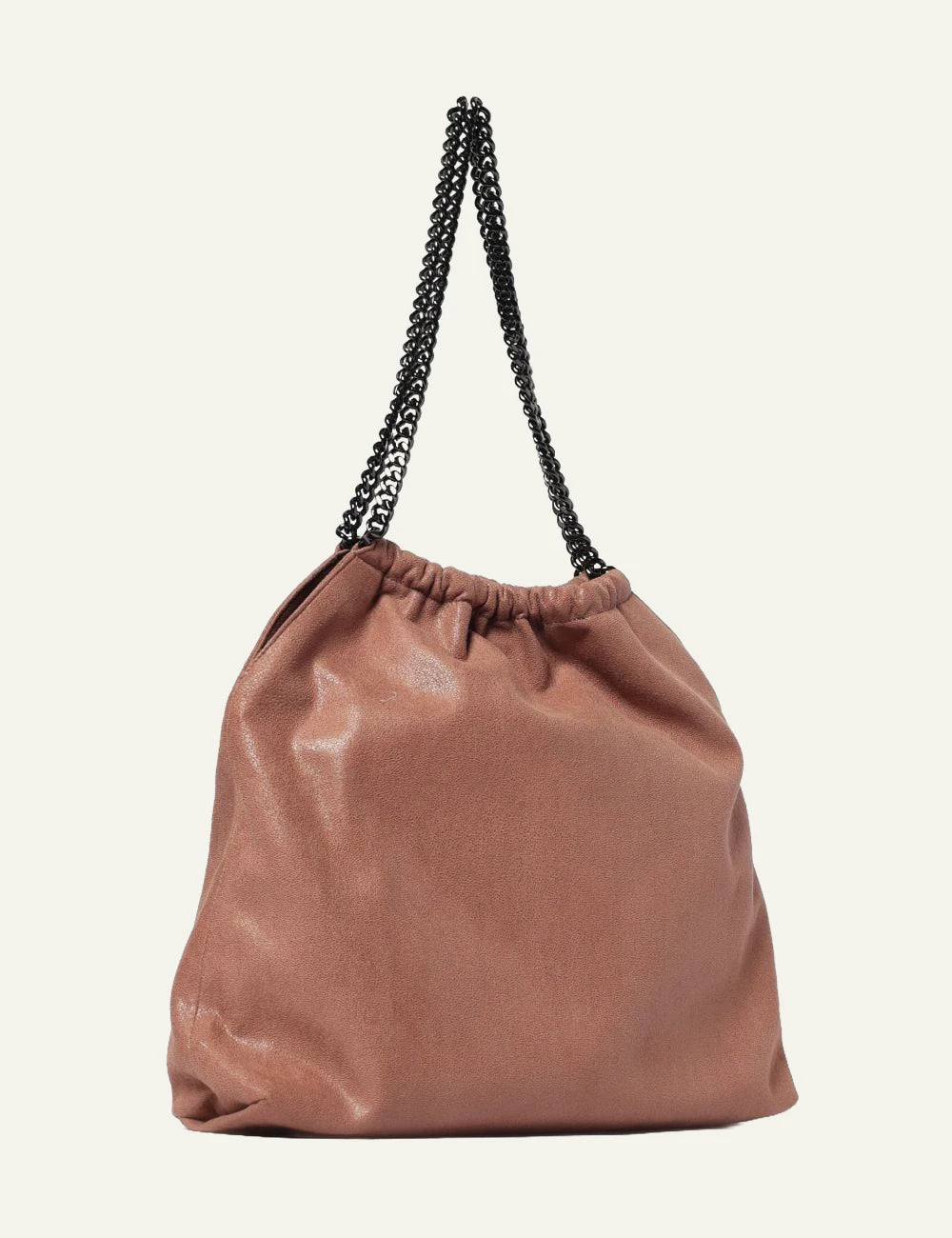 Stella McCartney Falabella clutch bag in dusty pink vegan leather with chain shoulder strap and logo charm, back view