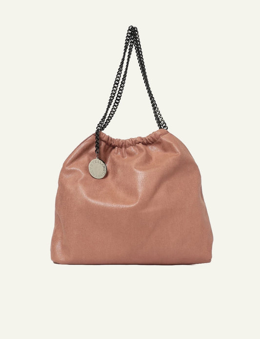 Stella McCartney Falabella clutch bag in dusty pink vegan leather with chain shoulder strap and logo charm, front view