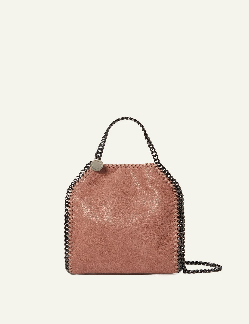 Stella McCartney Falabella mini tote in dusty pink vegan leather with chain trim and shoulder strap, front view