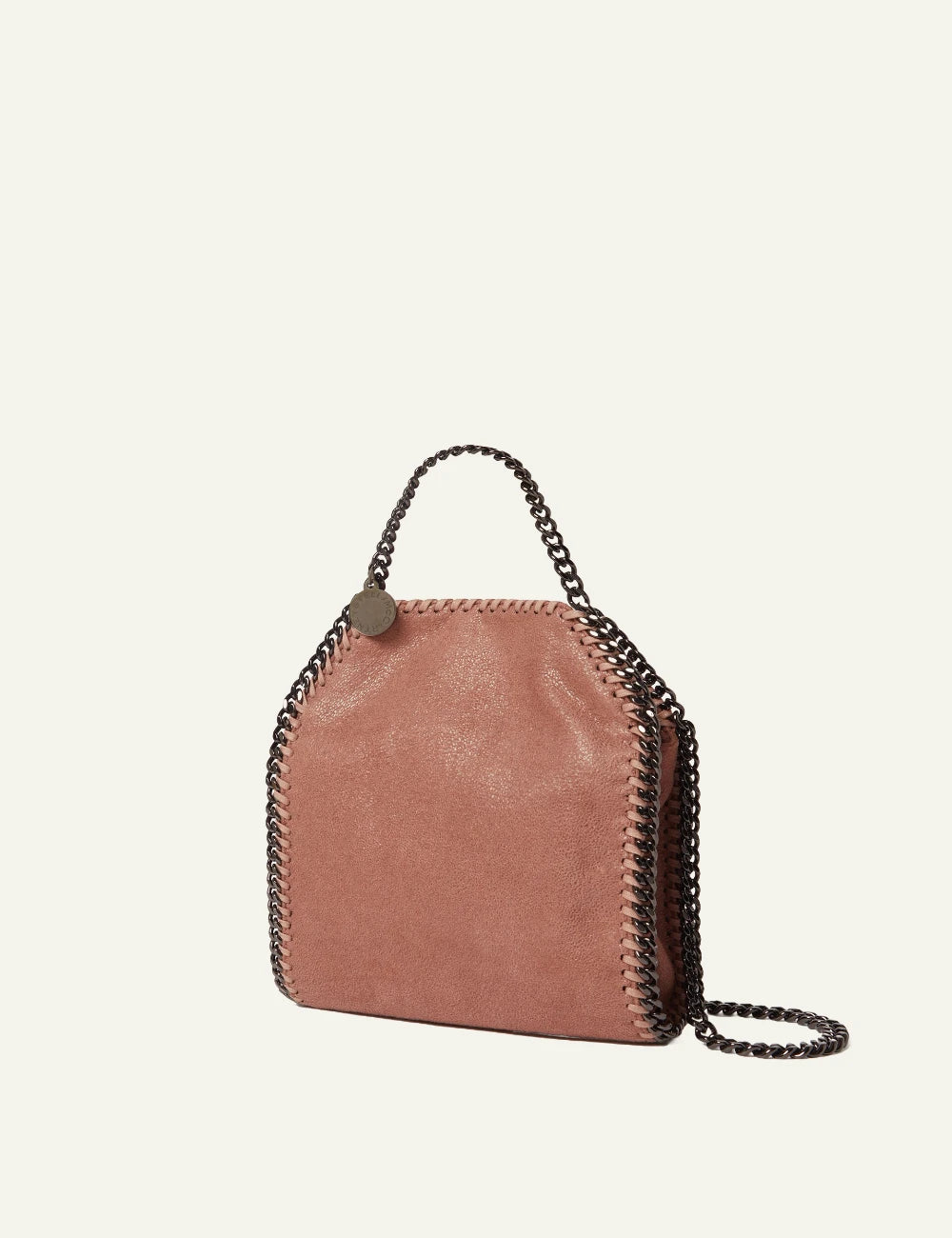 Stella McCartney Falabella mini tote in dusty pink vegan leather with chain trim and shoulder strap,side view