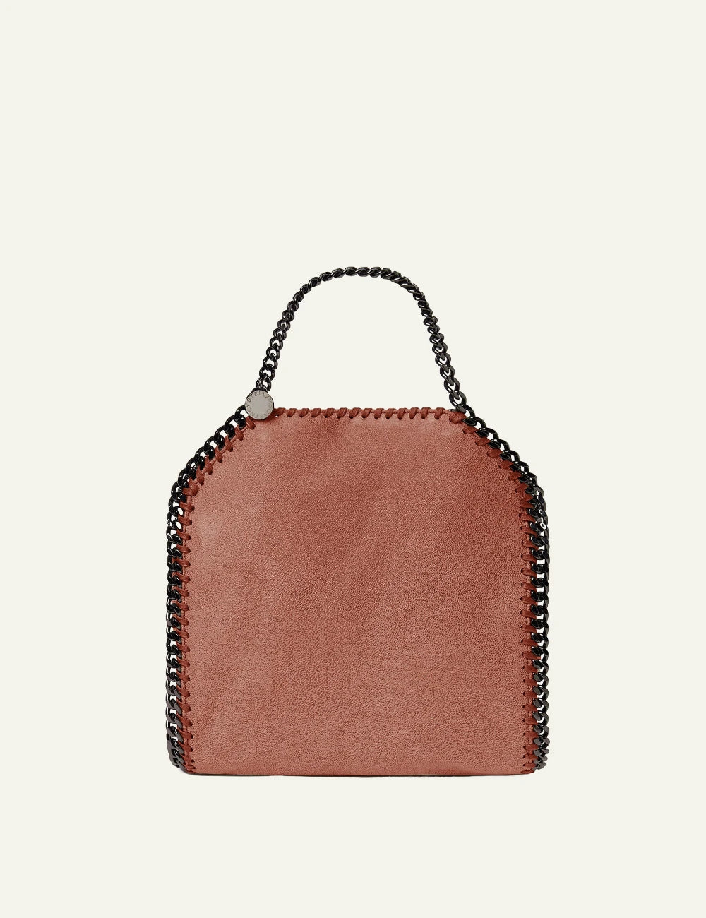 Stella McCartney Falabella tote in dusty rose vegan leather with signature chain trim and top handle, front view