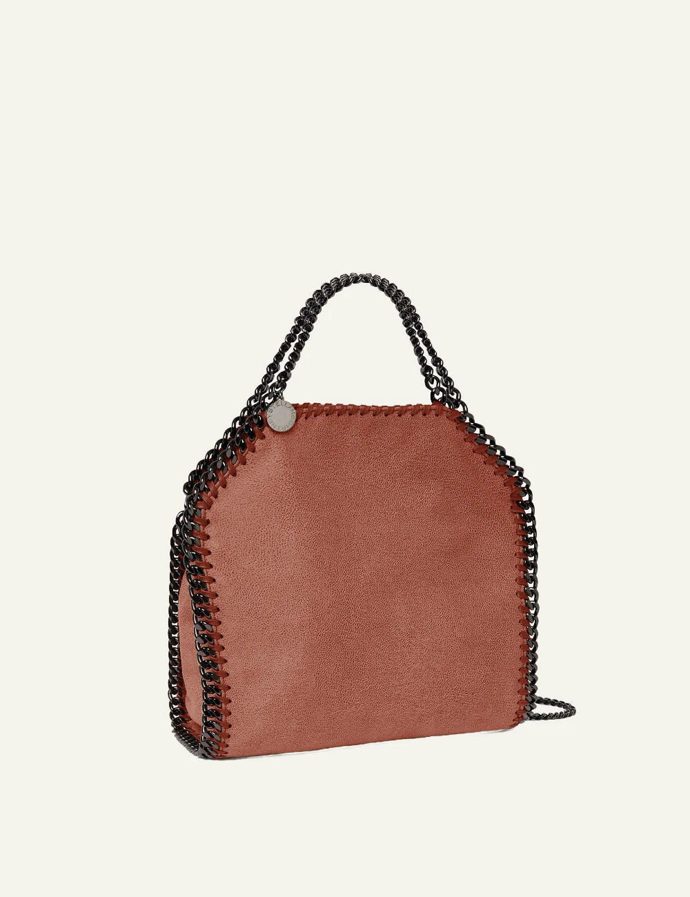 Stella McCartney Falabella tote in dusty rose vegan leather with signature chain trim and top handle, side view