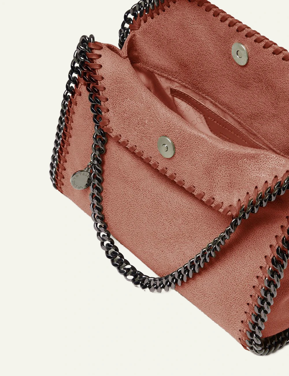 Stella McCartney Falabella tote in dusty rose vegan leather with signature chain trim and top handle, top view