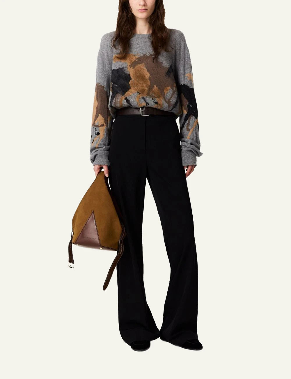Stella McCartney grey virgin wool knit sweater with horse intarsia full body