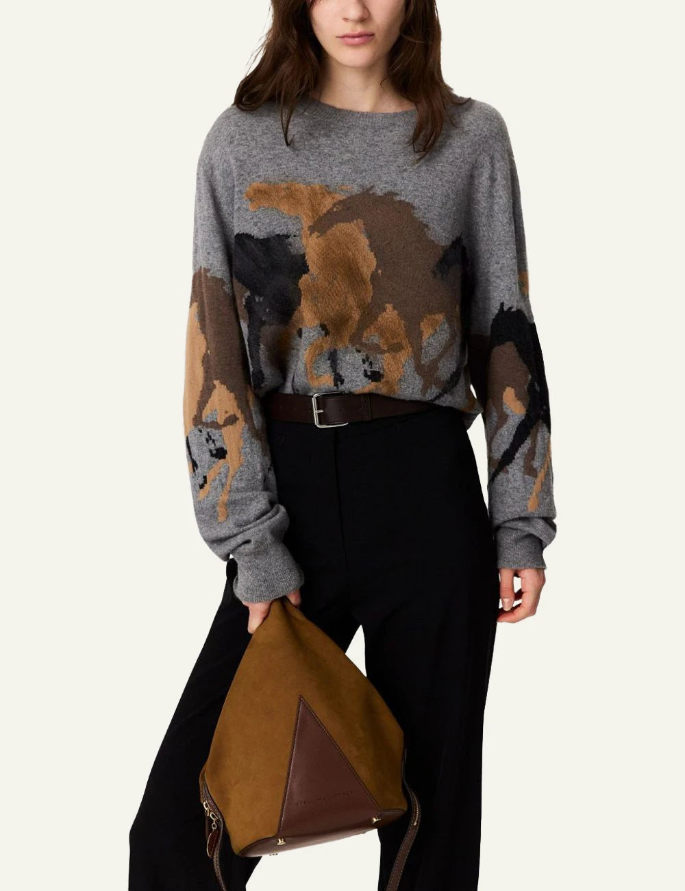 Stella McCartney grey virgin wool knit sweater with horse intarsia model