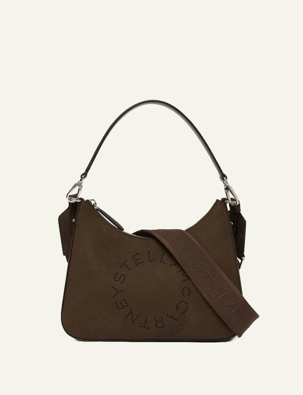 Stella McCartney Logo shoulder bag in brown vegan leather with perforated circular logo and wide strap, front view