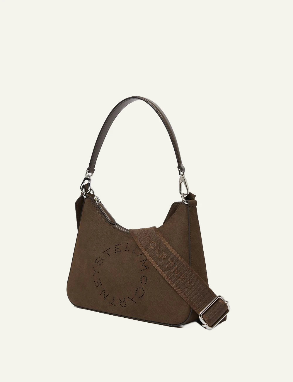 Stella McCartney Logo shoulder bag in brown vegan leather with perforated circular logo and wide strap, side view
