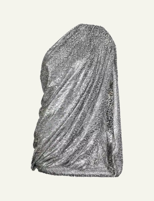 Stella McCartney one shoulder draped dress silver front view