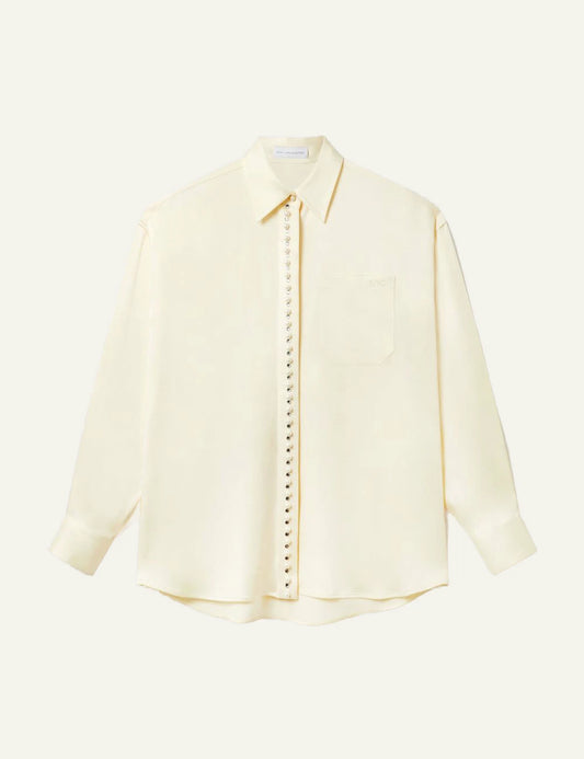 Stella McCartney oversized shirt in pale yellow with pearl button closure and chest pocket, front flat view