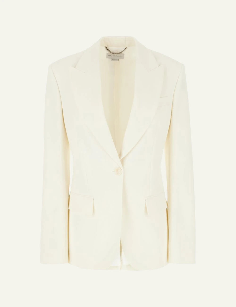 Stella McCartney tailored blazer in ivory with single button closure and peak lapels, front flat view
