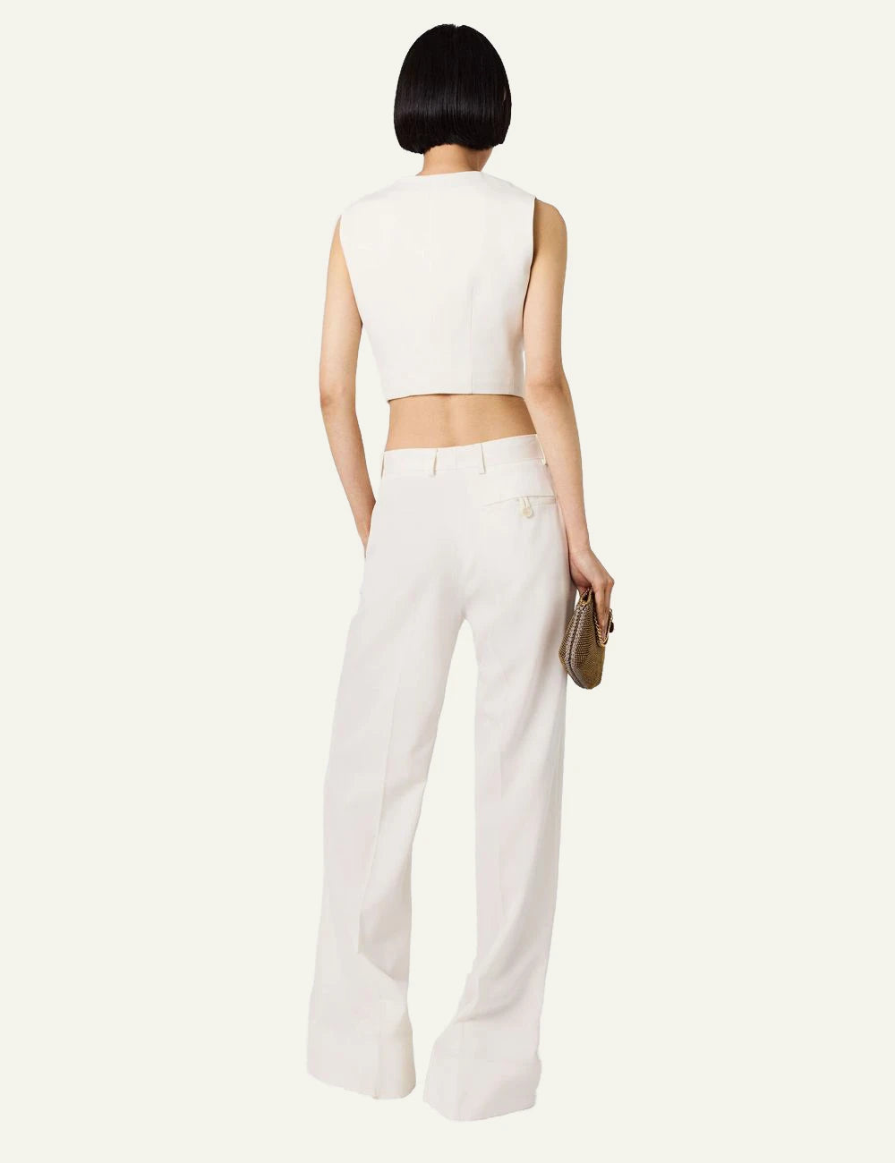 Stella McCartney wide leg trousers in off-white with high waist and front crease, back view