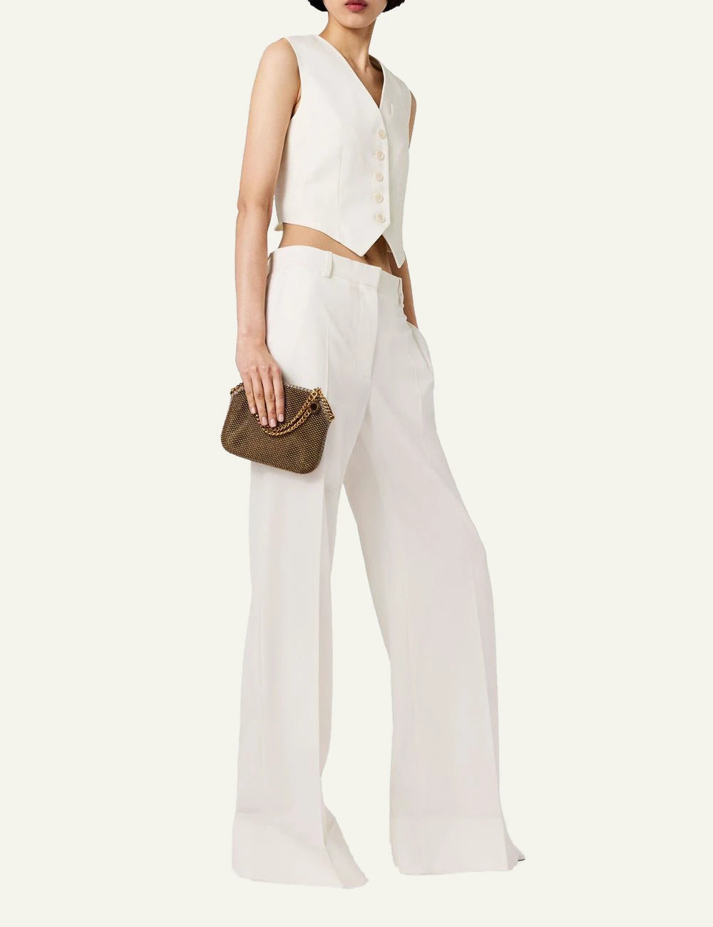 Stella McCartney wide leg trousers in off-white with high waist and front crease, front full body view