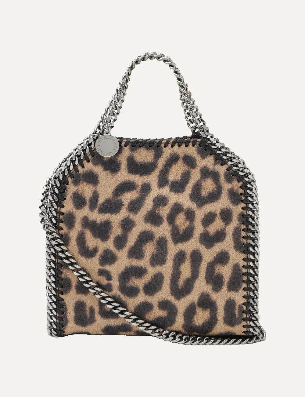 Stella McCartney women leopard print shaggy vegan leather mini tote bag with ruthenium chain handles and shoulder strap