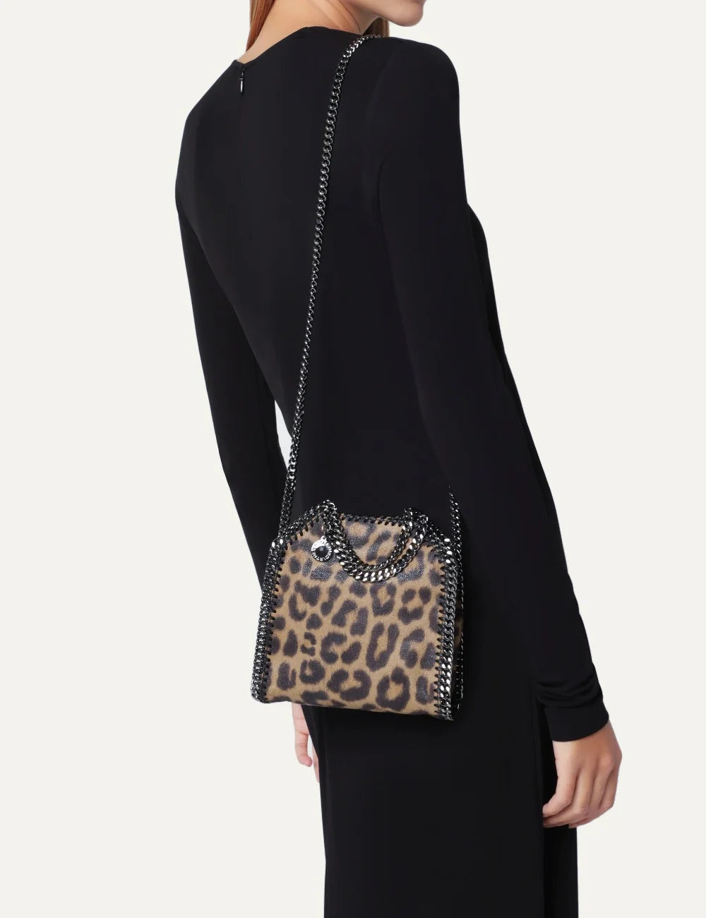 Stella McCartney women leopard print shaggy vegan leather mini tote bag with ruthenium chain handles and shoulder strap model