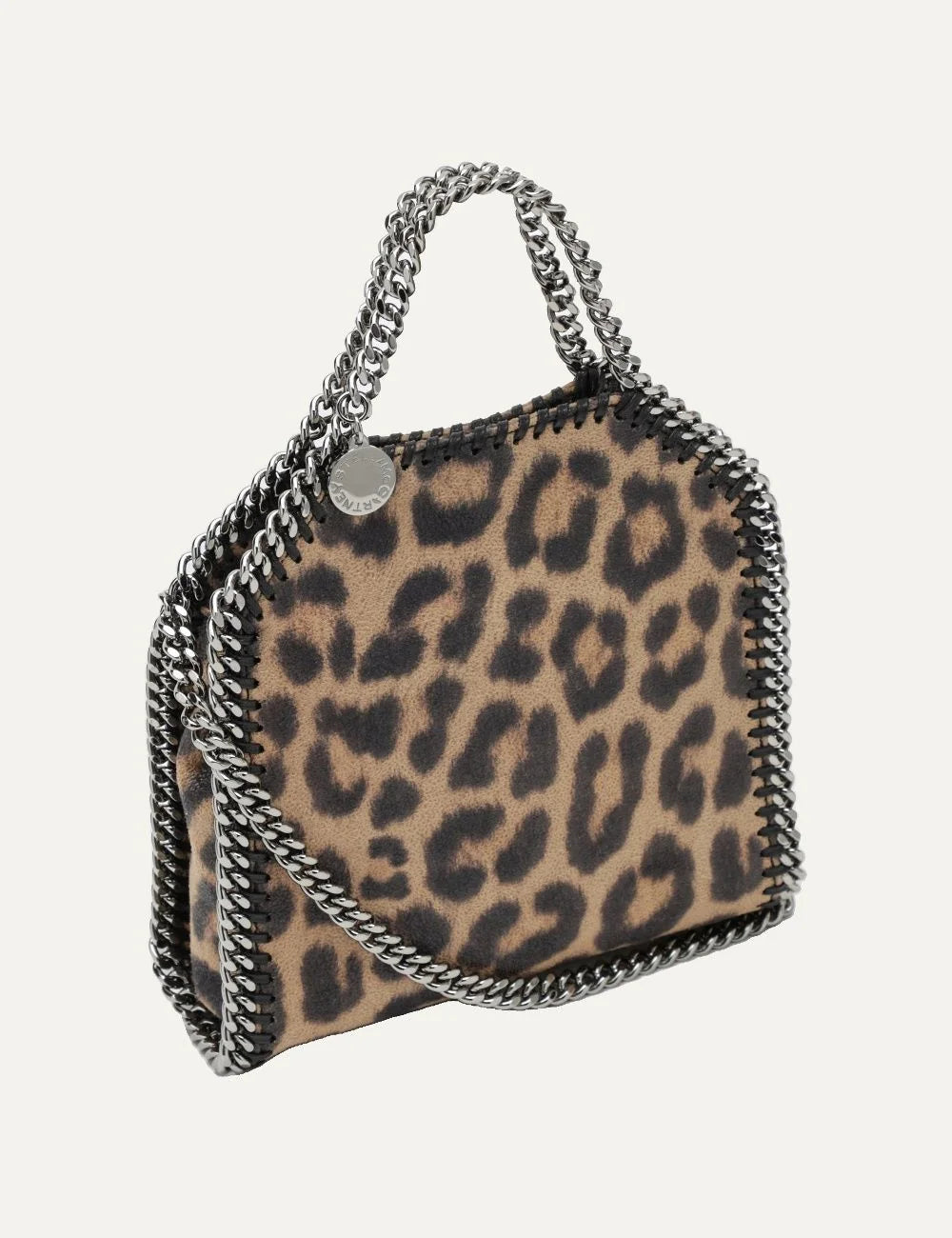 Stella McCartney women leopard print shaggy vegan leather mini tote bag with ruthenium chain handles and shoulder strap side