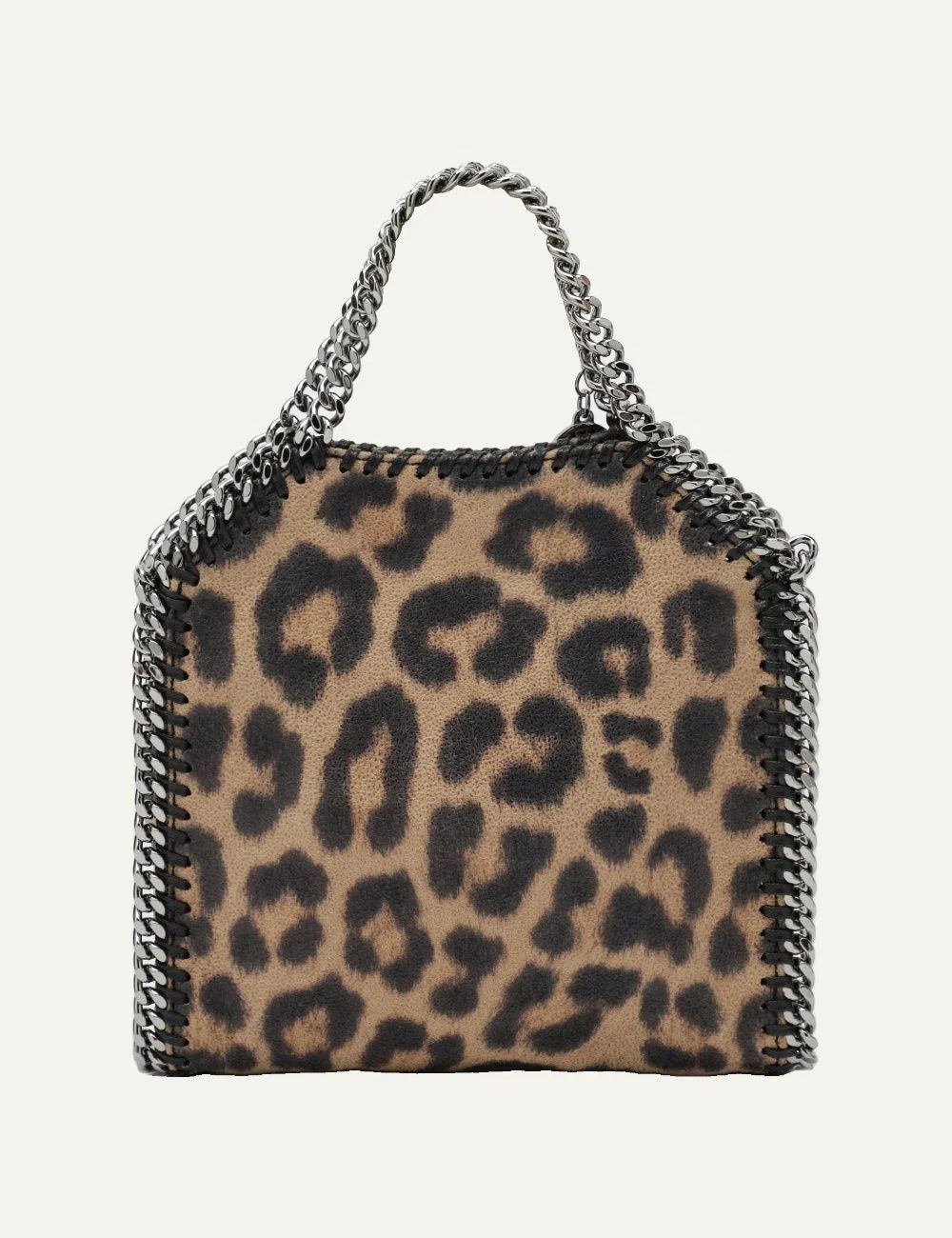 Stella McCartney women leopard print shaggy vegan leather mini tote bag with ruthenium chain handles and shoulder strap back