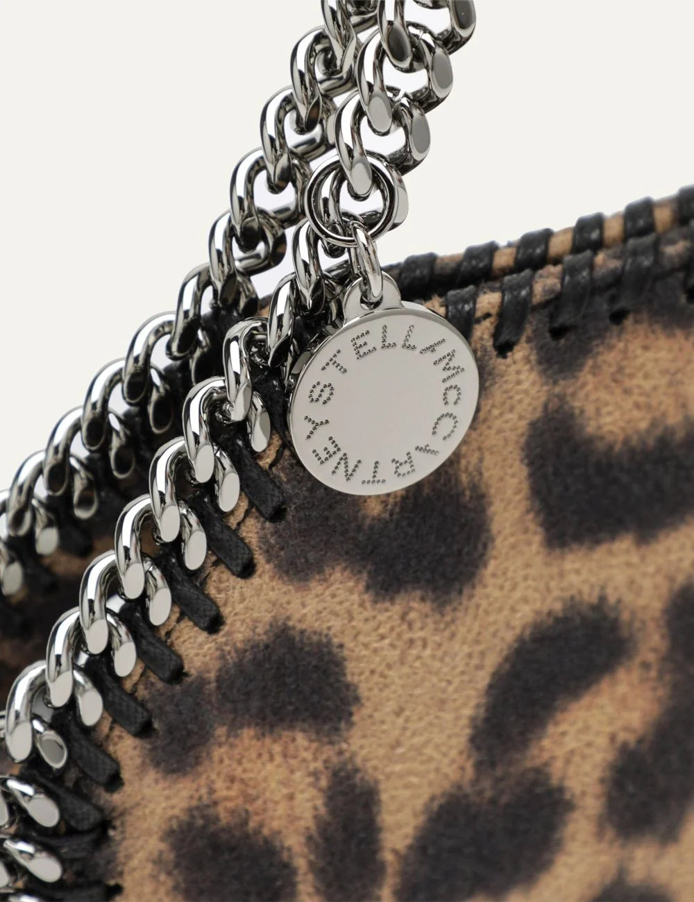 Stella McCartney women leopard print shaggy vegan leather mini tote bag with ruthenium chain handles and shoulder strap detail