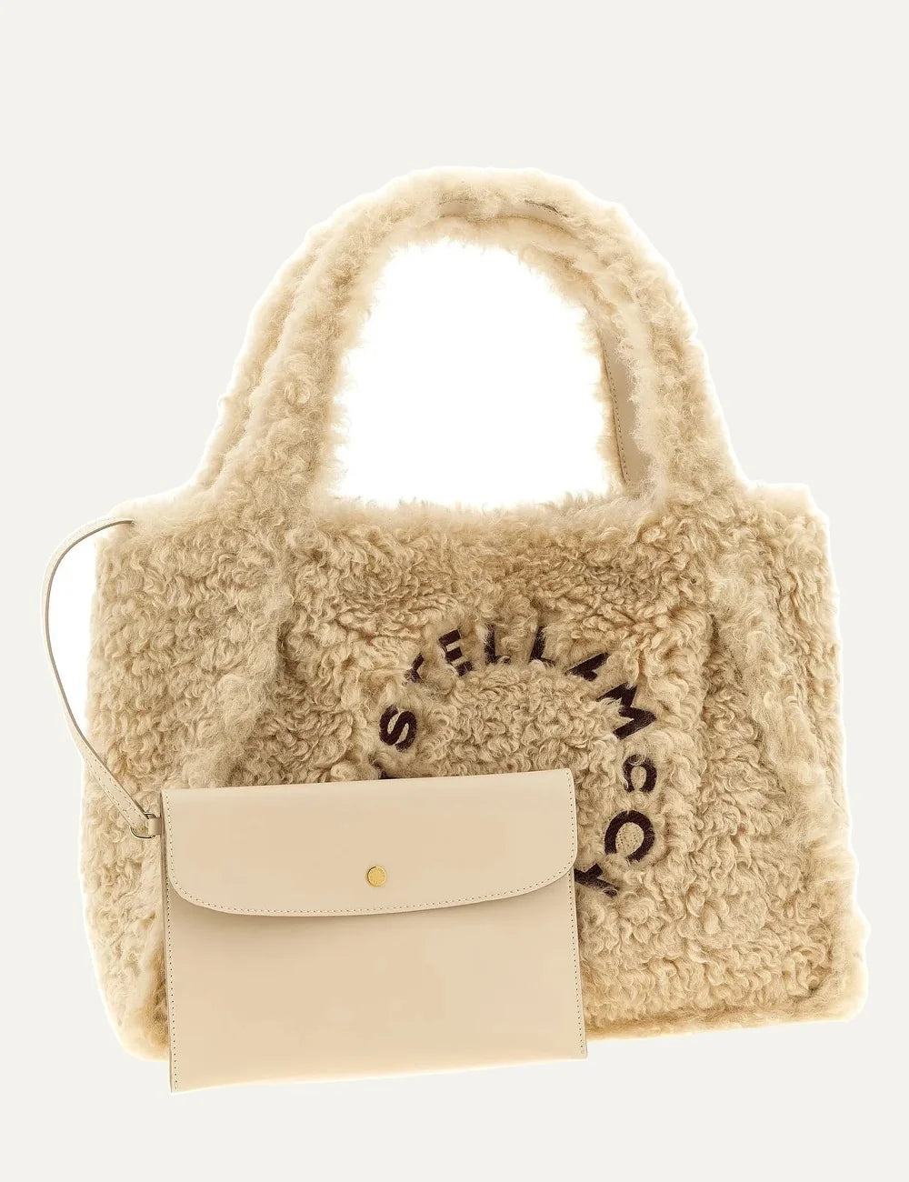 Stella McCartney women cream shearling-effect tote bag with embroidered circular logo and top handles detail