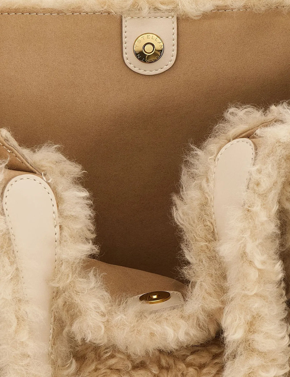 Stella McCartney women cream shearling-effect tote bag with embroidered circular logo and top handles top