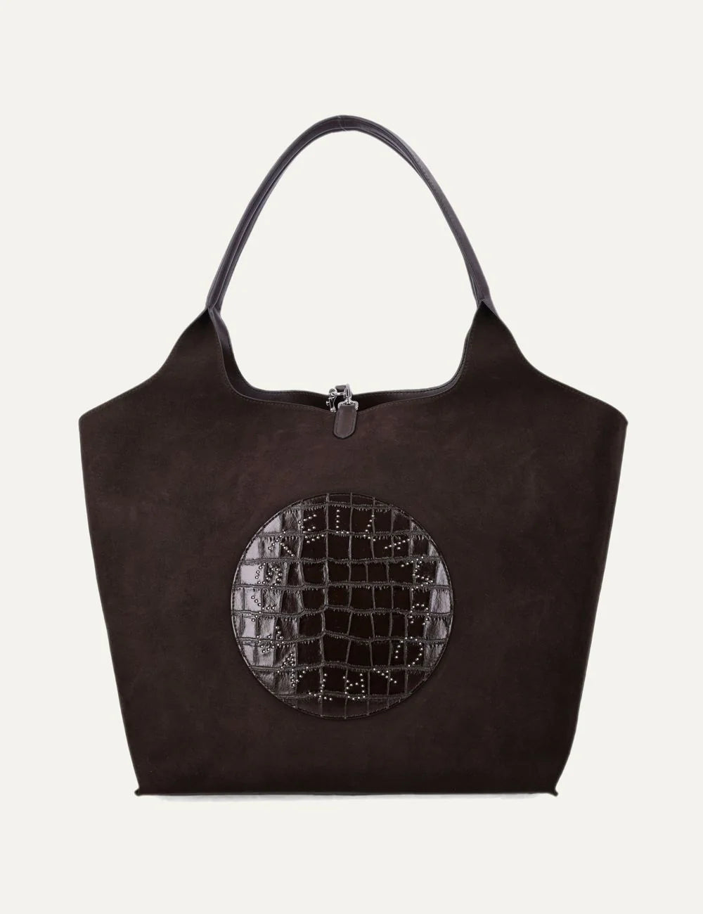 Stella McCartney women Coffee brown reversible trapezoid tote bag with croc-effect circular front detail