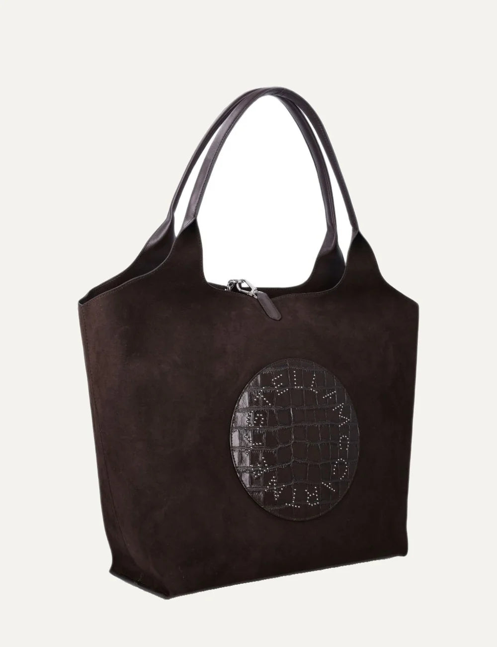 Stella McCartney women Coffee brown reversible trapezoid tote bag with croc-effect circular front detail side