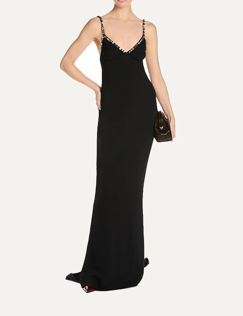 Stella McCartney women black embellished V-neck maxi gown with crystal-trimmed spaghetti straps