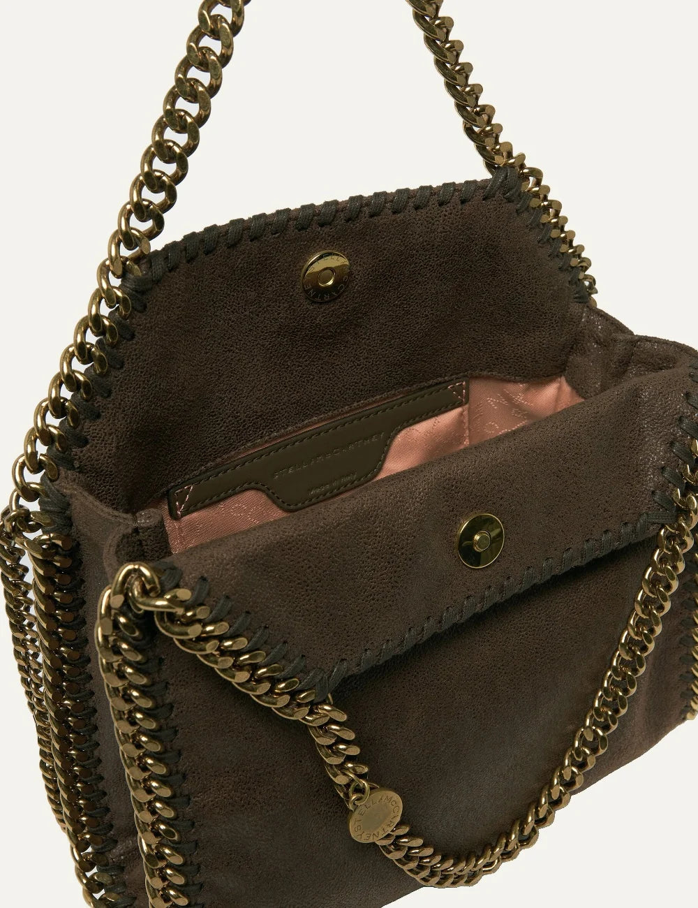 Stella McCartney women Falabella mini tote bag in Mahogany with vintage finish and signature diamond-cut chain top