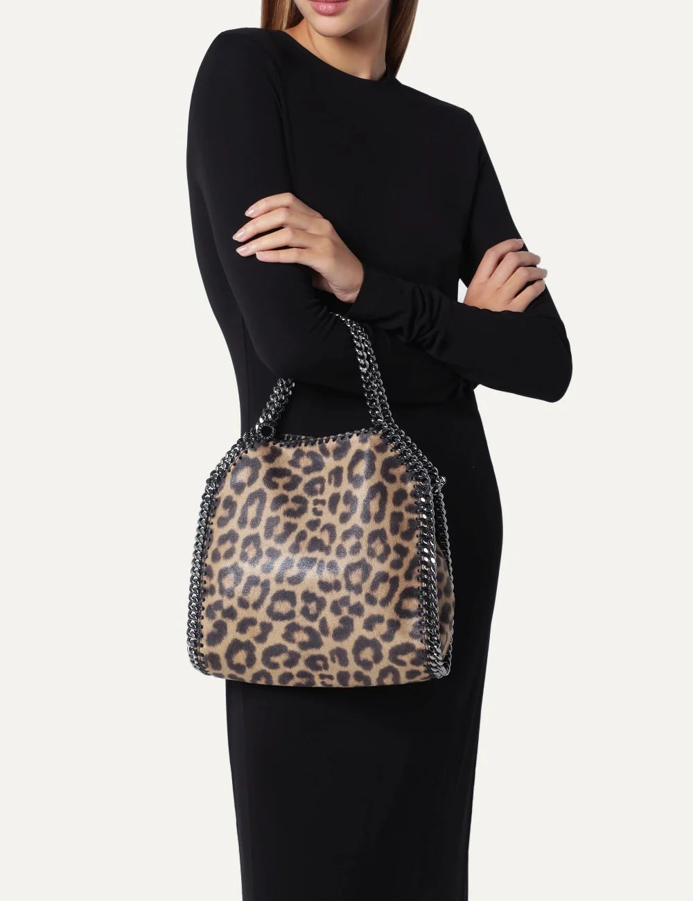 Stella McCartney women mini Falabella leopard print faux leather bag with silver-tone chain handles and shoulder strap full body