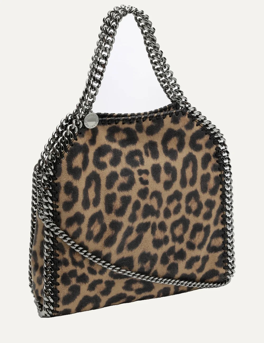 Stella McCartney women mini Falabella leopard print faux leather bag with silver-tone chain handles and shoulder strap side