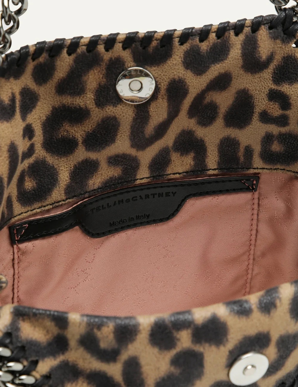 Stella McCartney women mini Falabella leopard print faux leather bag with silver-tone chain handles and shoulder strap top