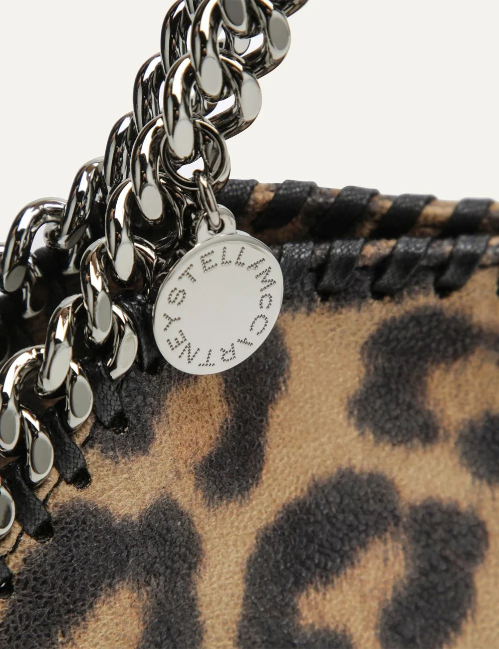 Stella McCartney women mini Falabella leopard print faux leather bag with silver-tone chain handles and shoulder strap detail logo