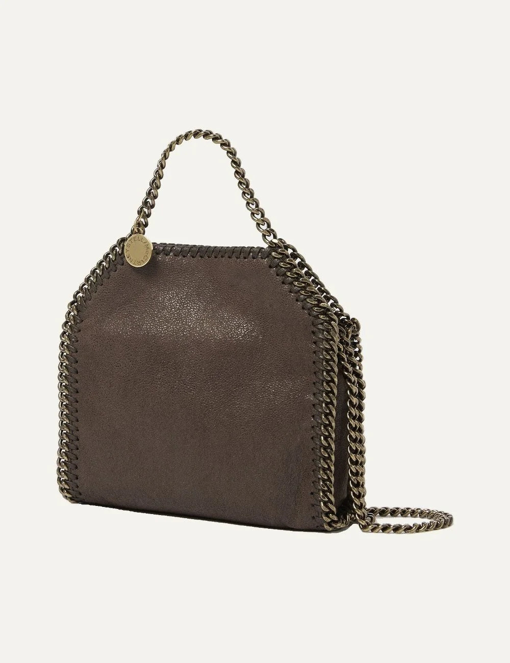 Stella McCartney women Falabella tiny tote bag in Mahogany with vintage finish and signature diamond-cut chain side