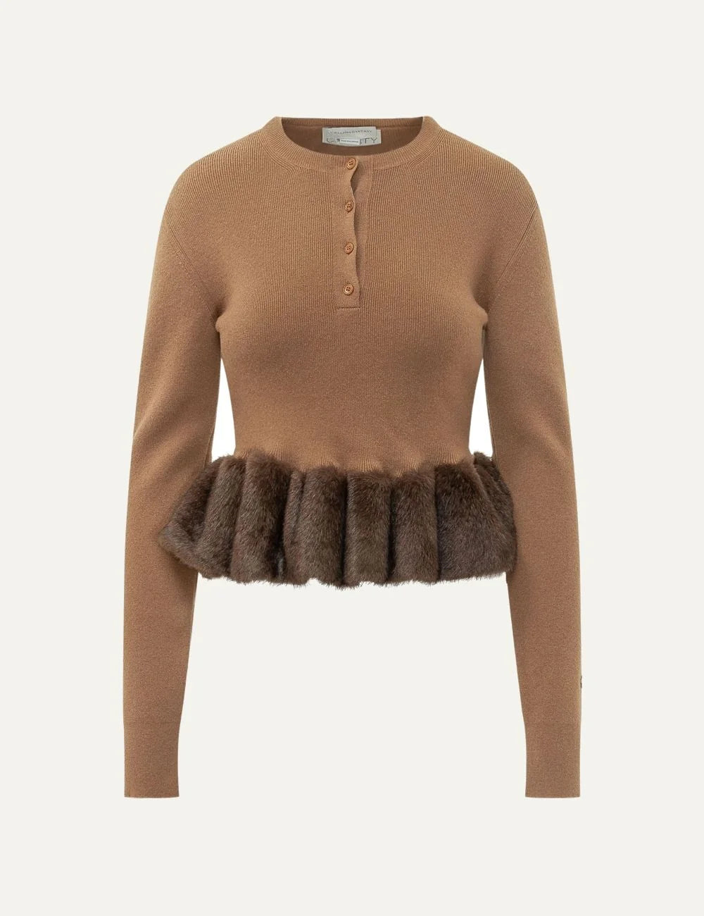Stella McCartney women's beige virgin wool knit with brown faux fur peplum trim